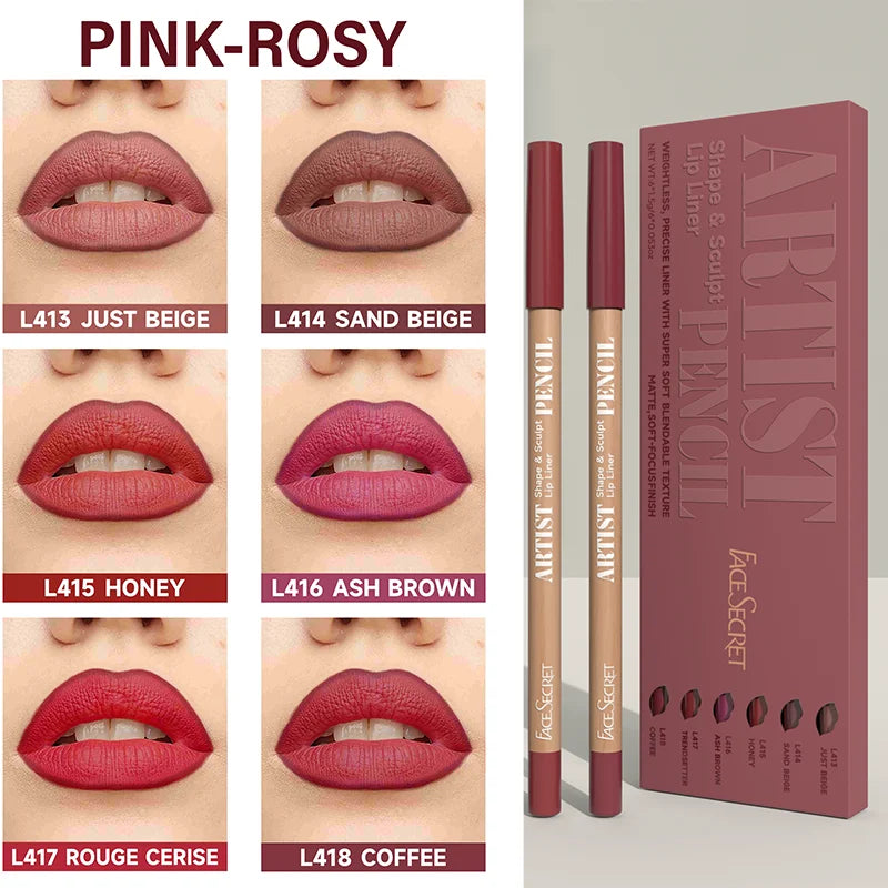 6pcs Face Secret Lip Liner Pencil Set,Ultra-Fine,Smooth Long Lasting Waterproof Matte Velvet,Brown Mixed Color
