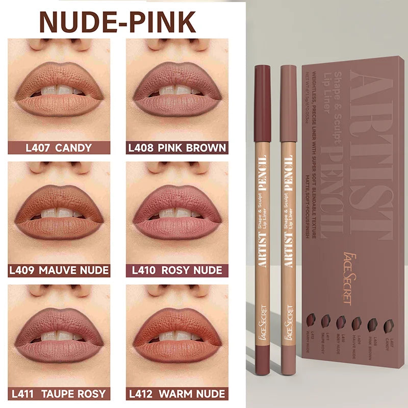 6pcs Face Secret Lip Liner Pencil Set,Ultra-Fine,Smooth Long Lasting Waterproof Matte Velvet,Brown Mixed Color