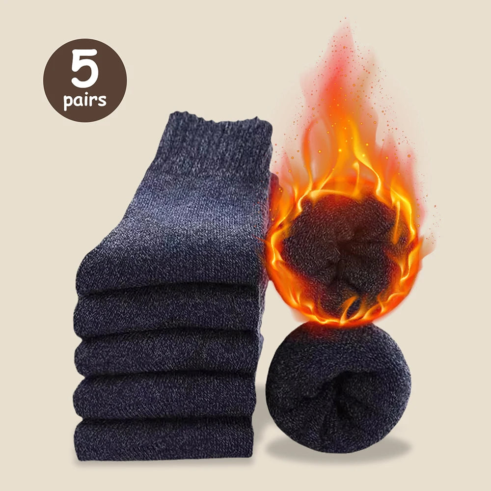 3/5 Pairs Men's Winter Warm Socks, Thick Towel Mid-Calf Socks, Anti-Cold Snow Boots Socks Elastic Solid Color