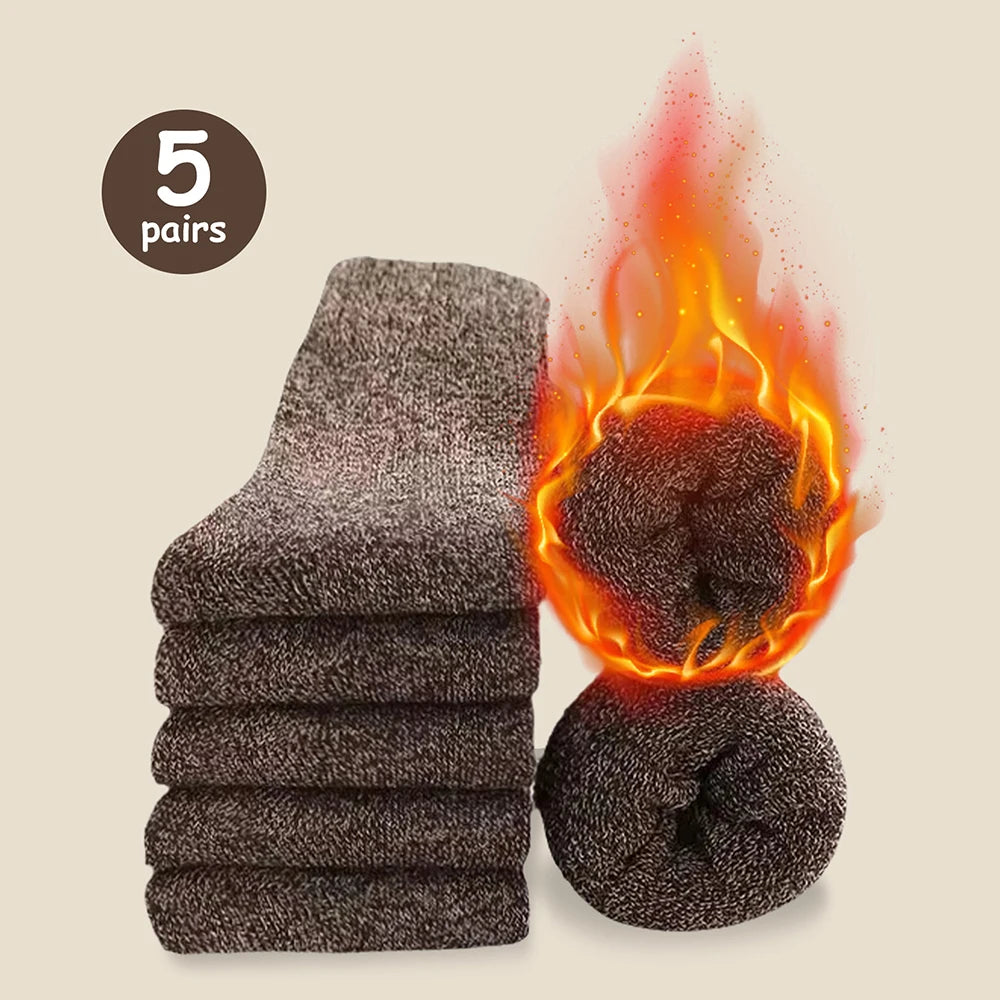 3/5 Pairs Men's Winter Warm Socks, Thick Towel Mid-Calf Socks, Anti-Cold Snow Boots Socks Elastic Solid Color